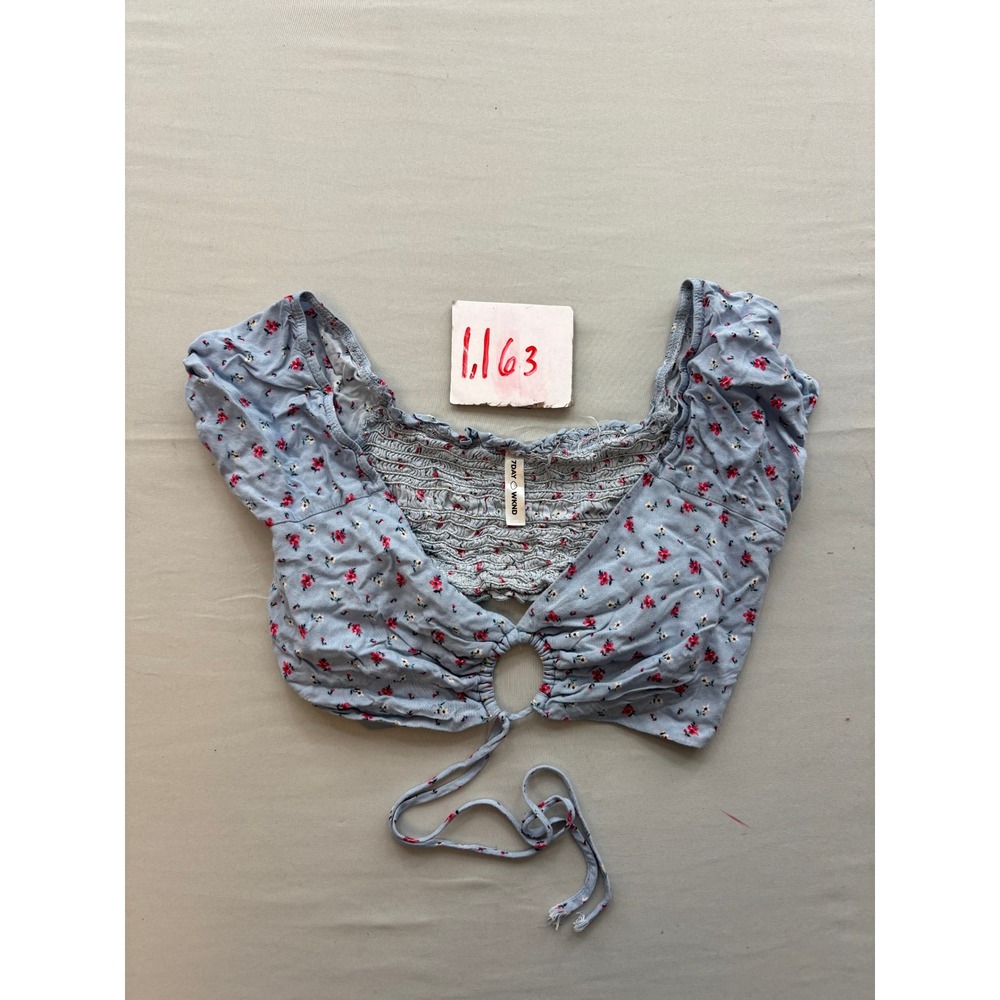 7DAY WKND Womens Blue Floral O-Ring Tie Front Smocked Crop Top Size Large